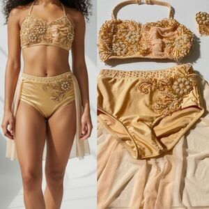 Glamour solo dance costume peach pastel pearl rhinestone 2 piece MC-Medium child